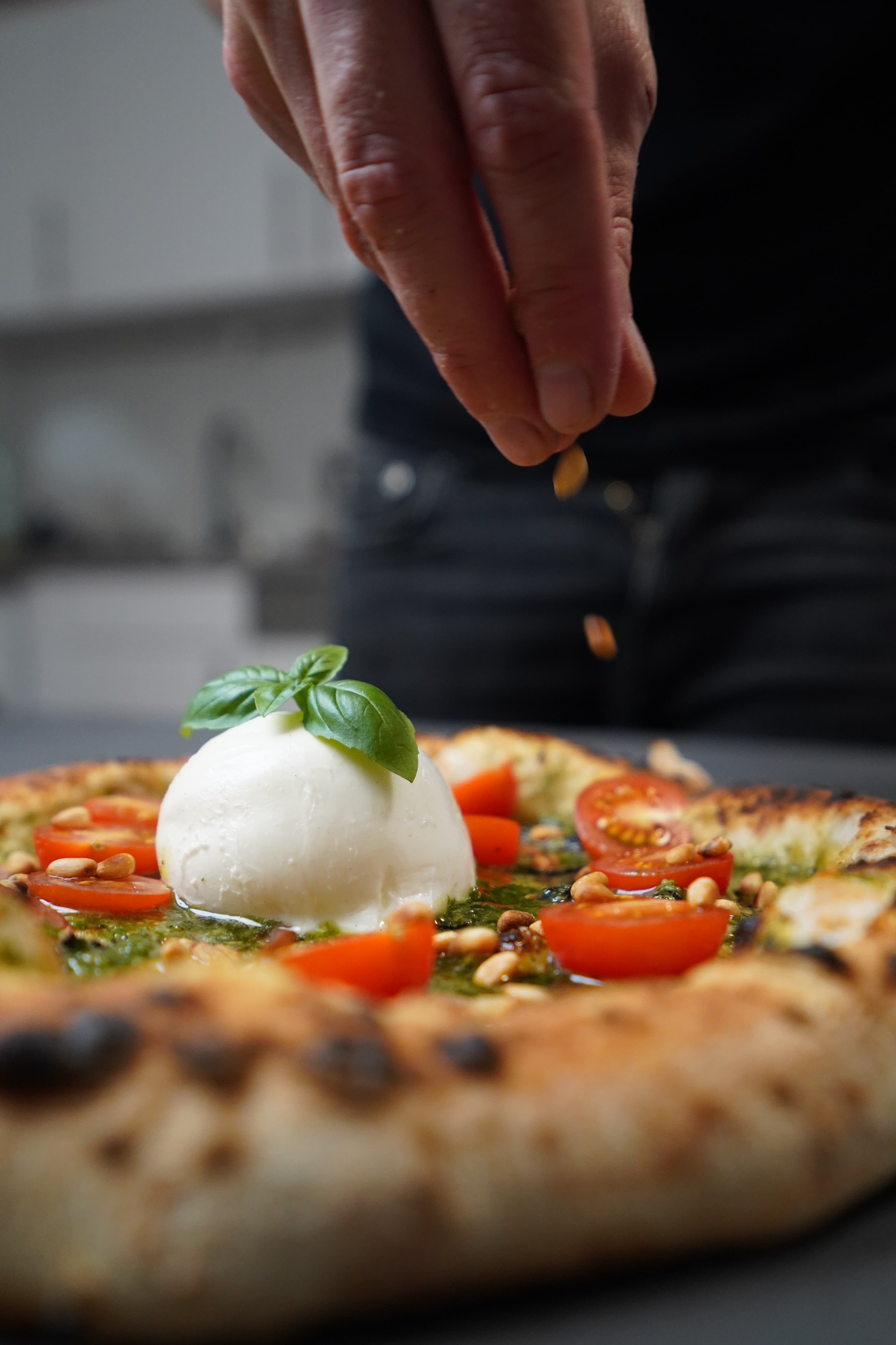 Pesto Pizza mit frischem Basilikum und Burrata